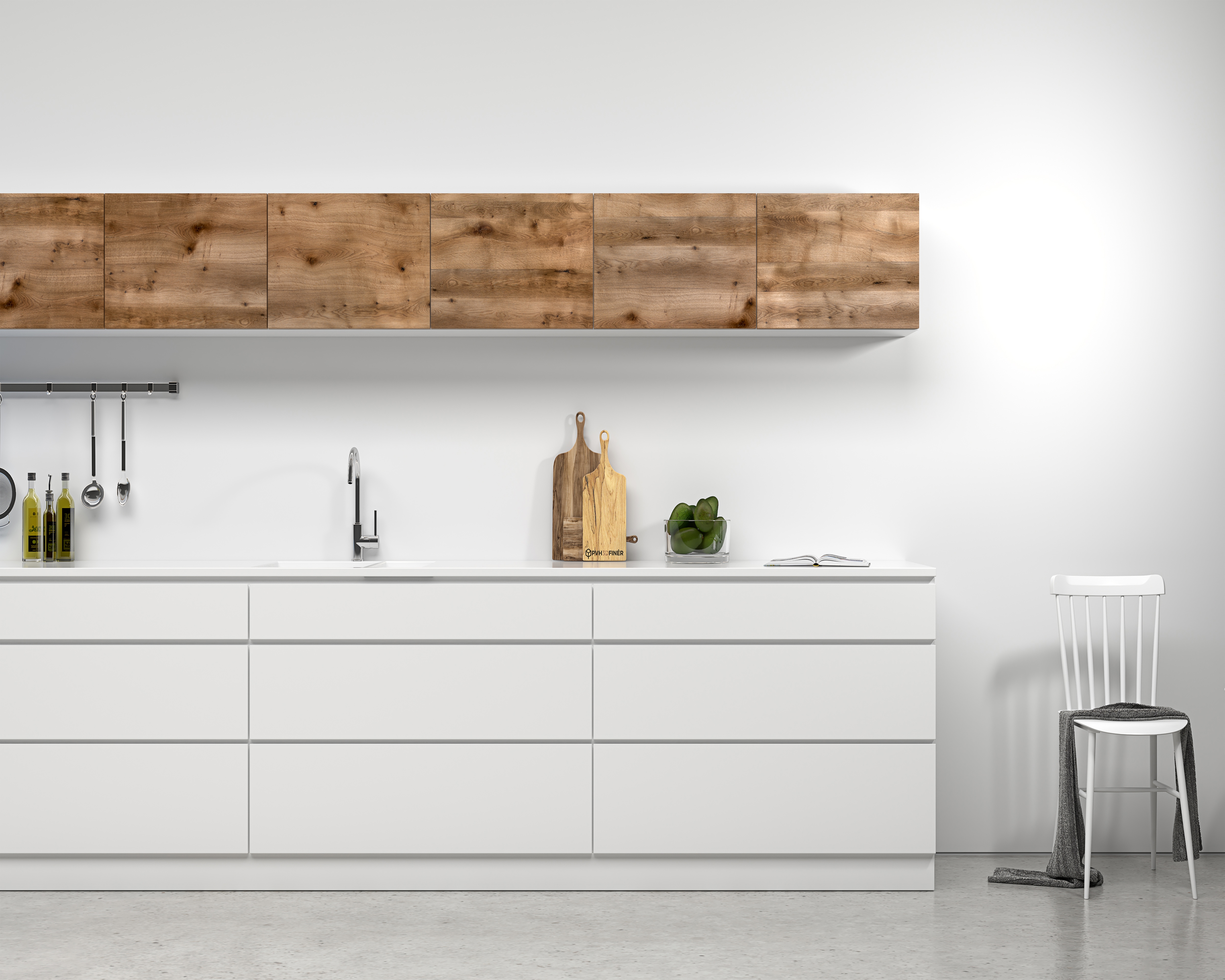Barnwood - Brown Oak used as kitchen fronts which creates a beautiful contrast to the modern white